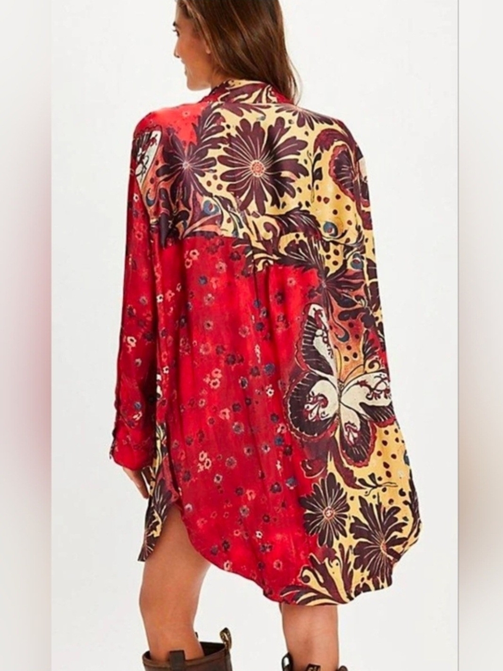 Free People Off The Vine Button Down Tunic S Ruby Butterfly Floral NWT Boho - Picture 7 of 13